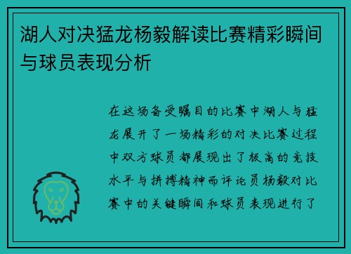 湖人对决猛龙杨毅解读比赛精彩瞬间与球员表现分析